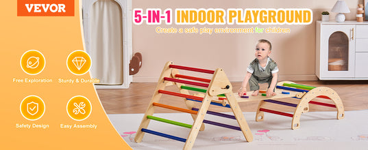 5-in-1 Pikler Triangle Set – Wooden Indoor Climbing Playground for Toddlers