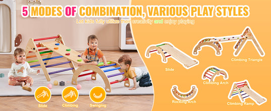 5-in-1 Pikler Triangle Set – Wooden Indoor Climbing Playground for Toddlers